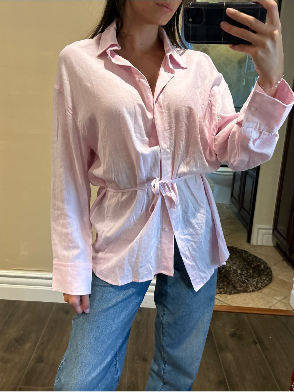Zara Pale Pink Button-Down Tie-Waist Shirt